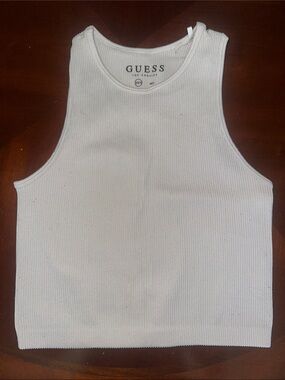 GUESS Cream Ribbed High-Neck Crop Tank